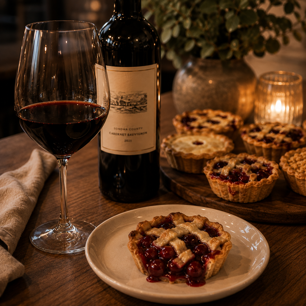 A glass of wine next to a bottle of wine and an assortment of mini pies, one on a white plate.